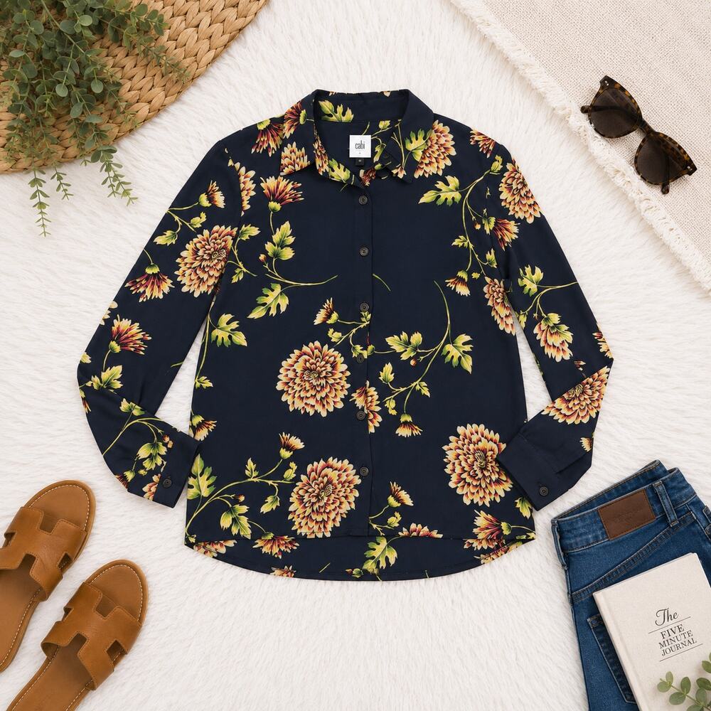 Cabi Floral Button Front Blouse Size Small Navy Multi Long Sleeve Top